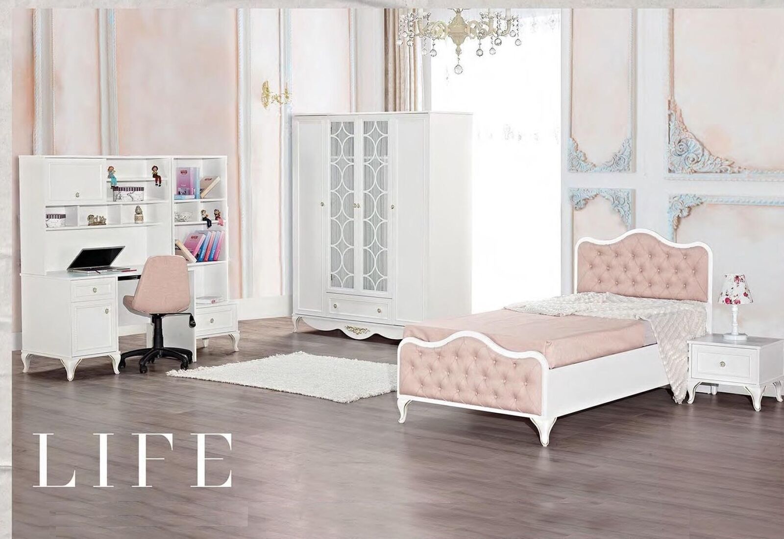 Chesterfield Rosa Komplett Jugendzimmer Kinderzimmer Bett Tisch Schrank Konsole