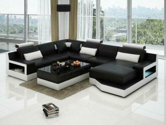 Ledersofa Ecksofa + USB Garnitur Wohnlandschaft Polster U Form Couch Sofa Design