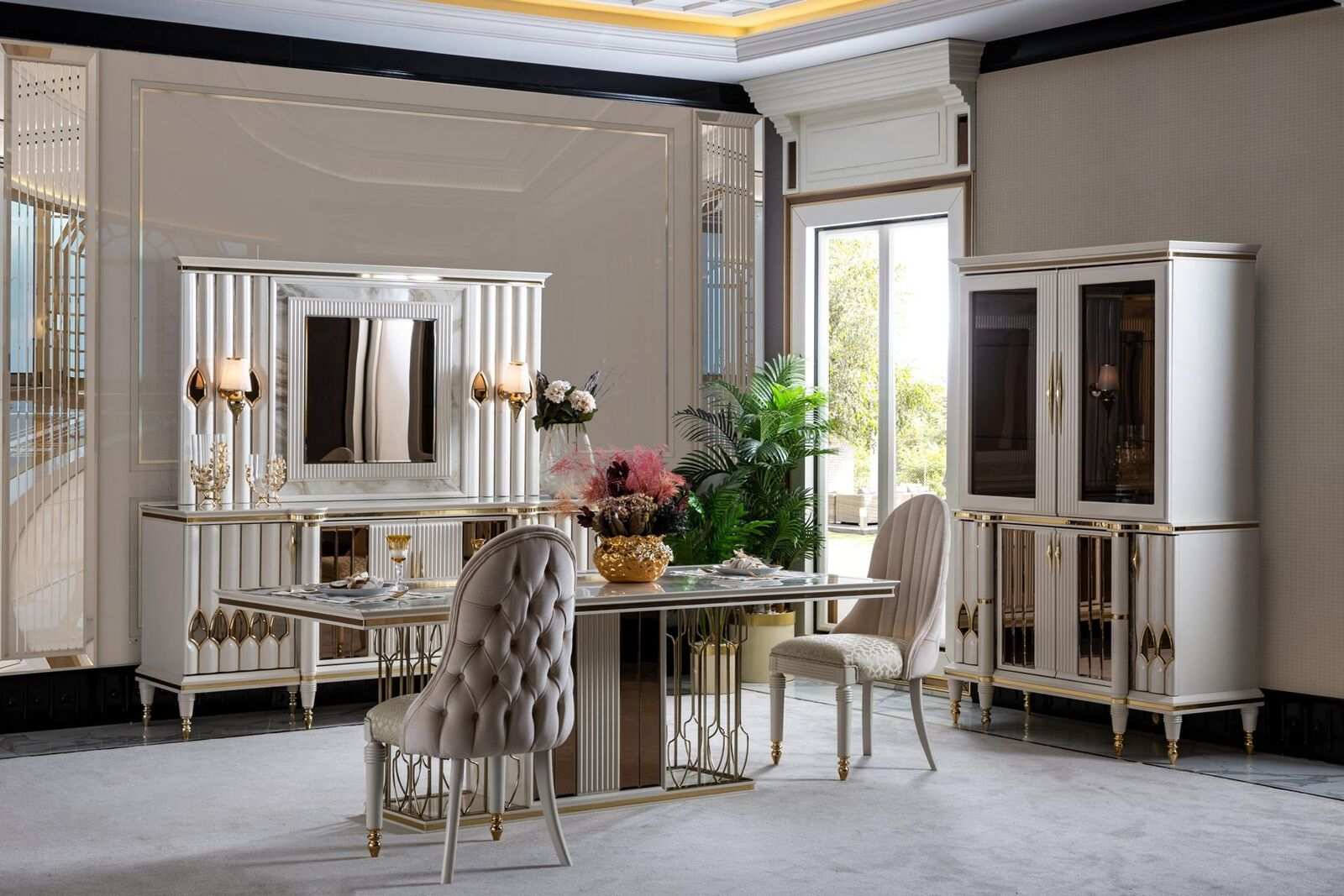 Esszimmer Set Weiß Esstisch Luxus 4x Stühle Anrichte Vitrine Neu 8tlg.