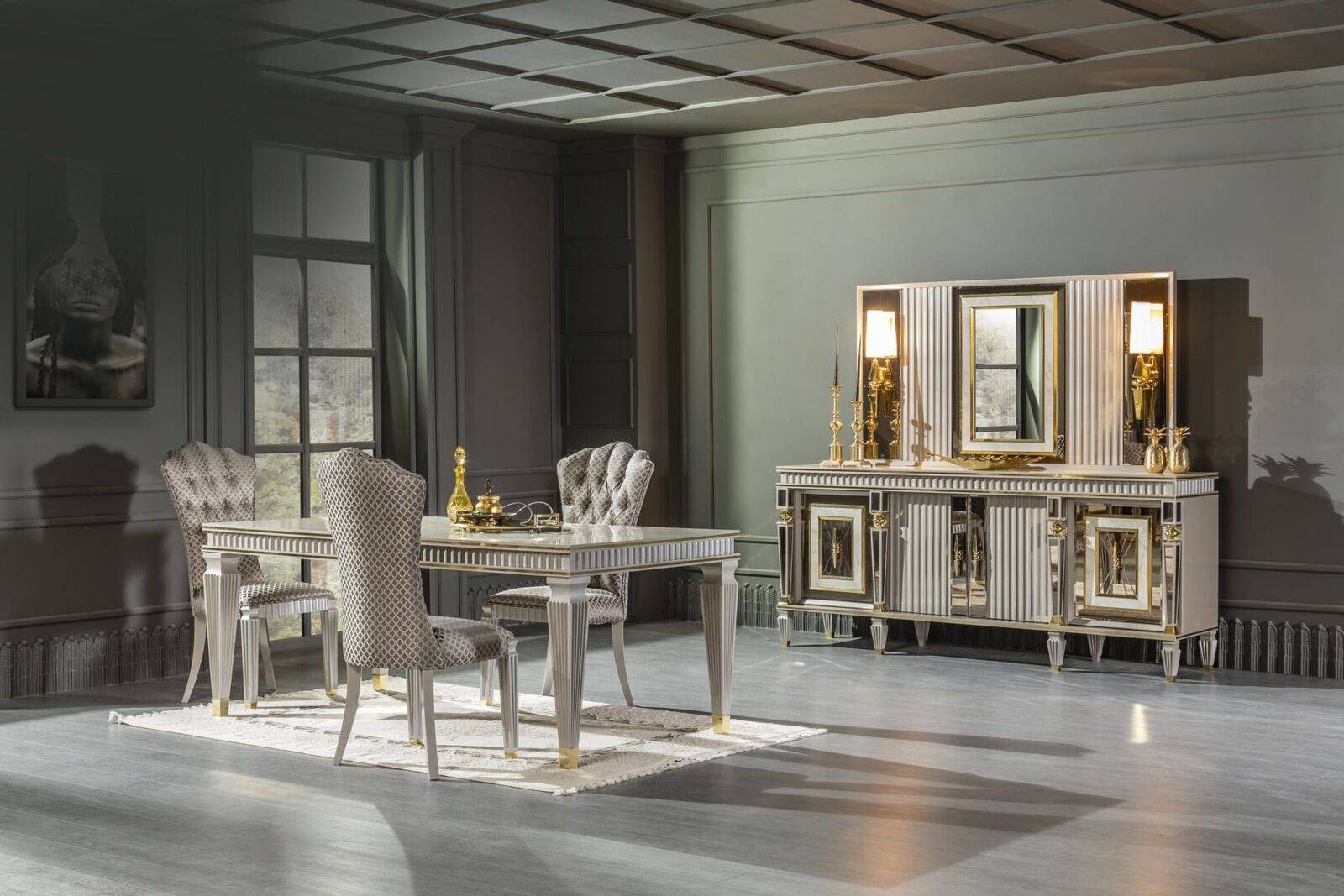 Esszimmer Set Grau 4x Stühle Esstisch Anrichte Spiegel Elegantes Design 7tlg.