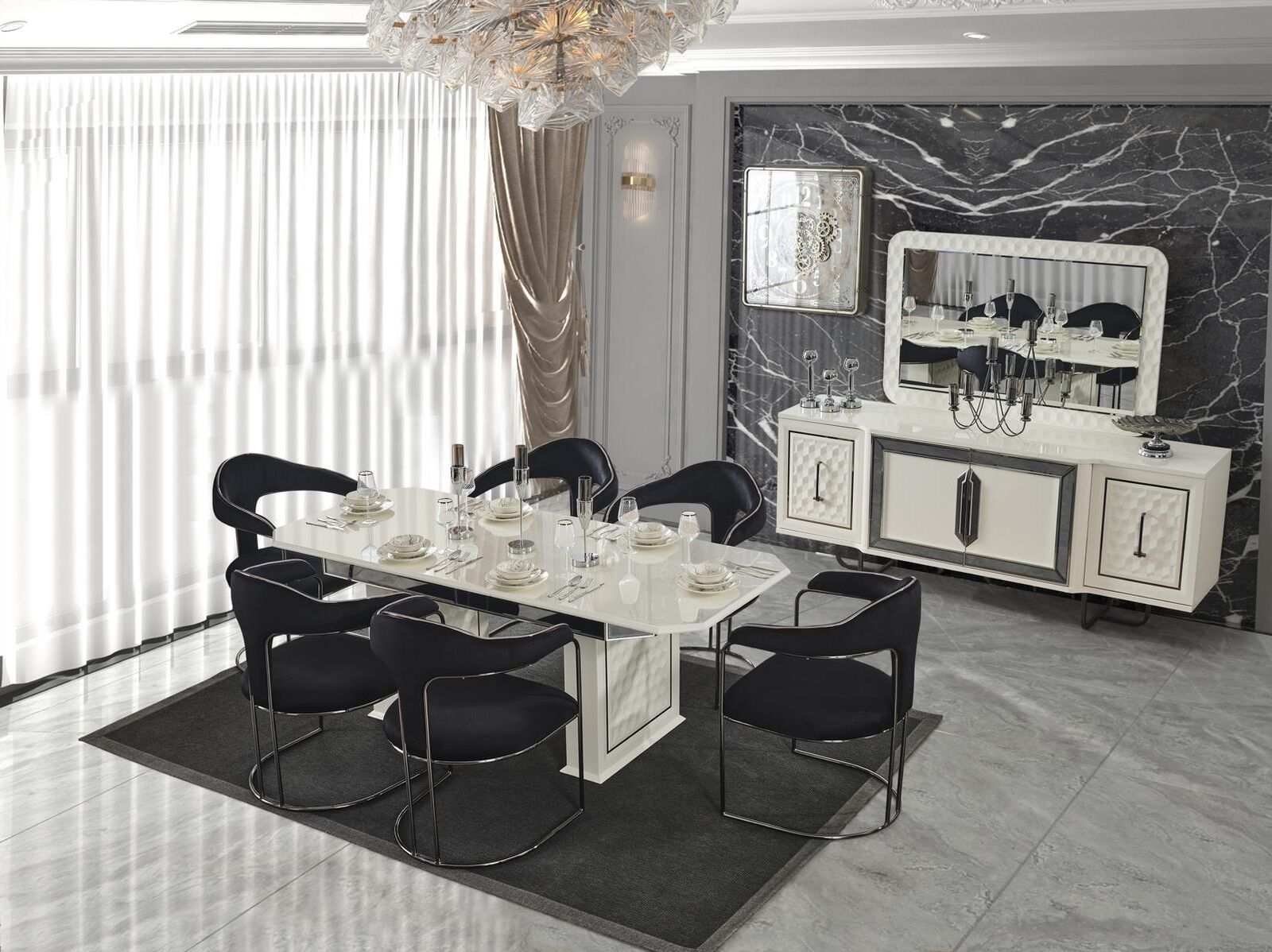 Modernes Esszimmer Set Weißer Esstisch 6 Stühle weiße Sideboard Spiegel neu
