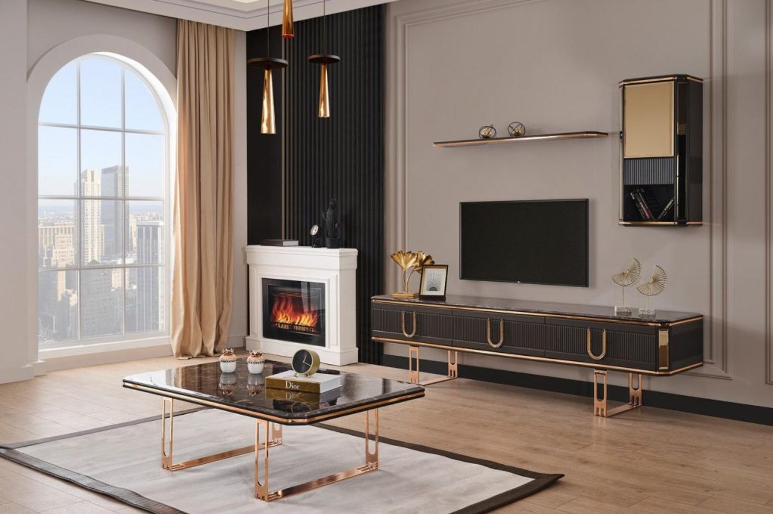 Luxus Wohnwand RTV Lowboard TV Ständer Schwarz Wohnzimmer Set 4tlg