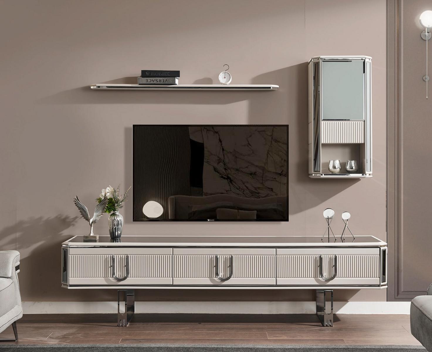 Wohnzimmer Wohnwand RTV Lowboard Weiß TV Ständer Modern Holz Set 3tlg