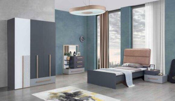 Jugendzimmer Set Grau Bett Nachttisch Kleiderschrank Design Neu 4tlg.
