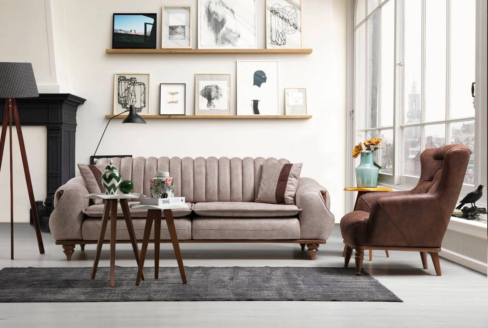 Designer Sofagarnitur 3+1 Sitz JV Möbel Couchtisch Sofabezug Textil Braun Holz