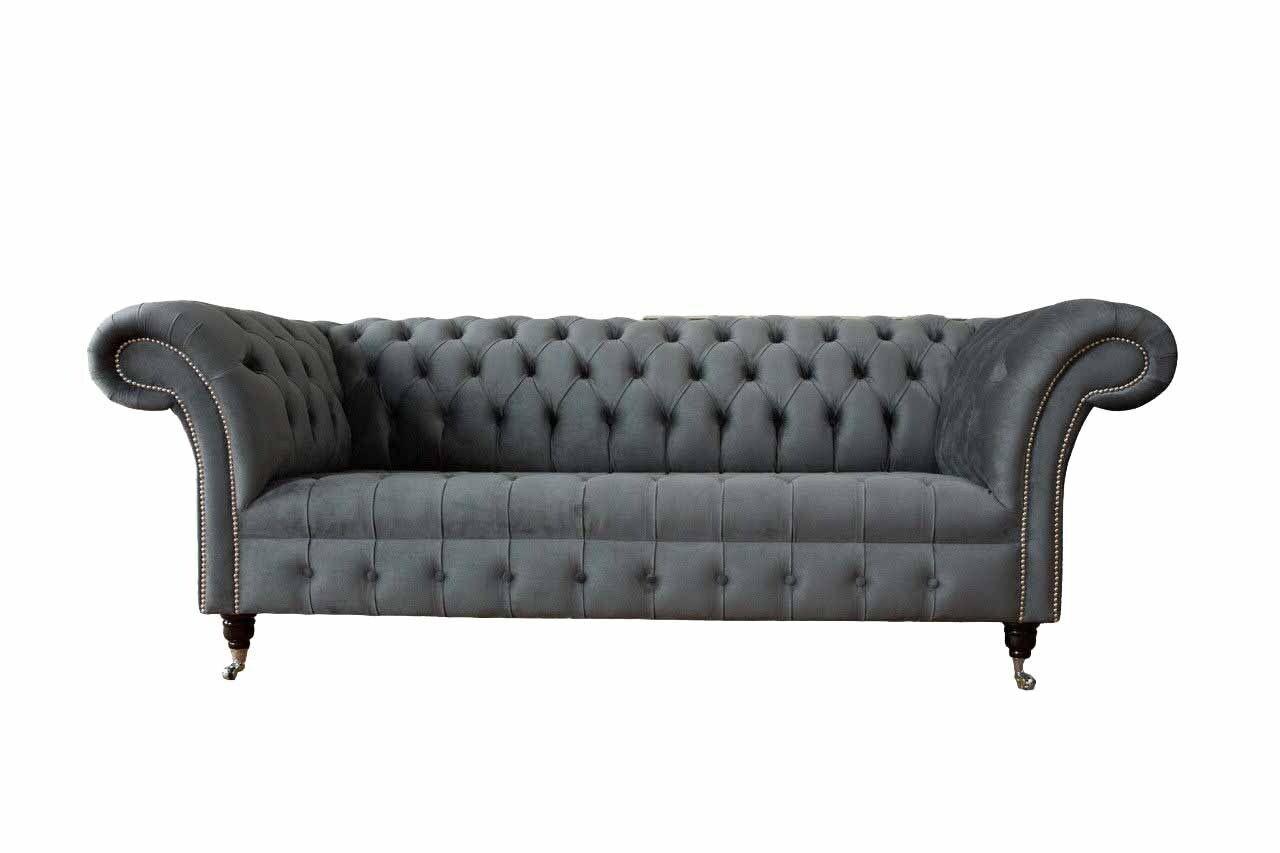 Englische Chesterfield Sofa Couch Büro Möbel Dreisitz Samt 230cm Grau