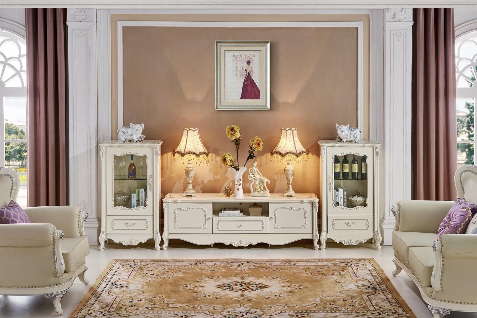 Klassische Schrankwand Barock Rokoko Holz Garnitur Sidebaord Vitrine 3tlg Sofort