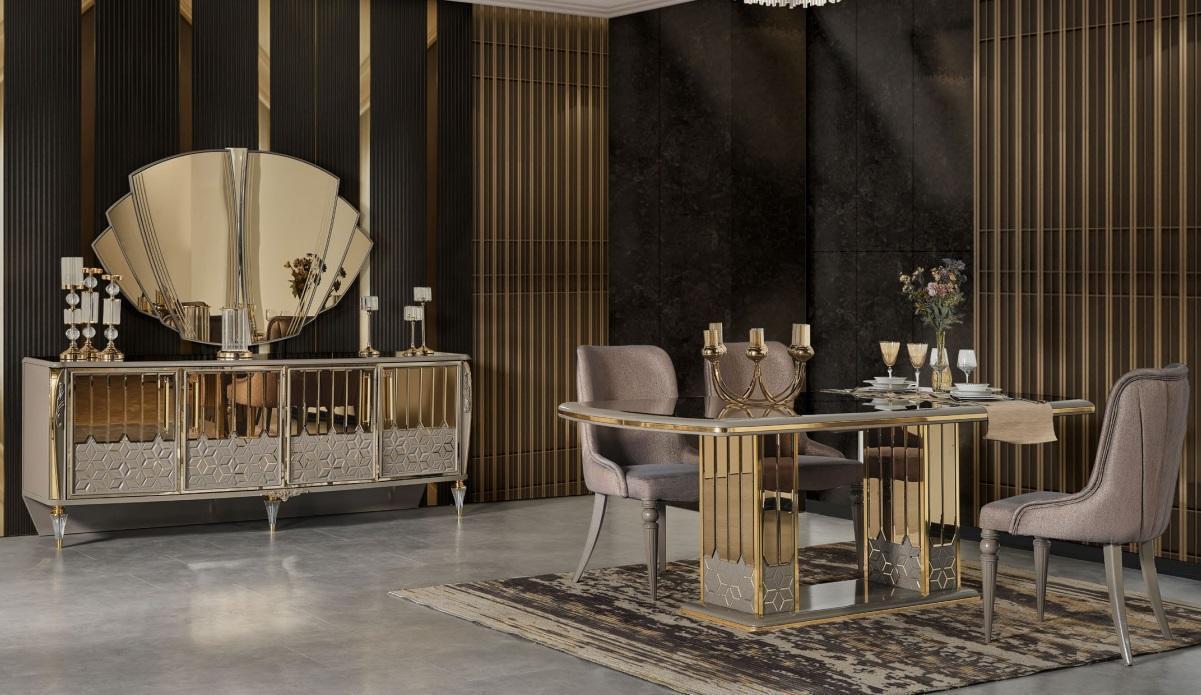Luxus Essgruppe Essecke Esszimmer Esstisch Stühle Gold Holz Set 8tlg