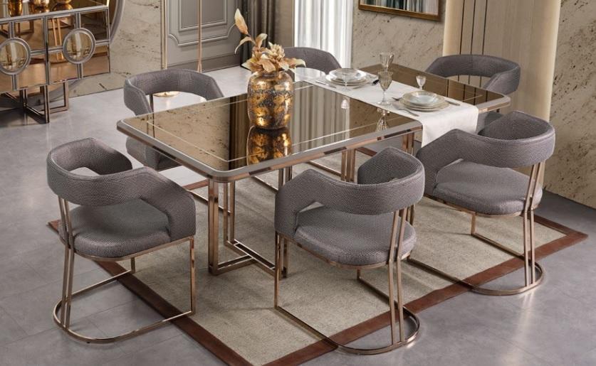 Essgarnitur Essgruppe Esszimmer Luxus Esstisch Stühle Gold Holz Set 7tlg