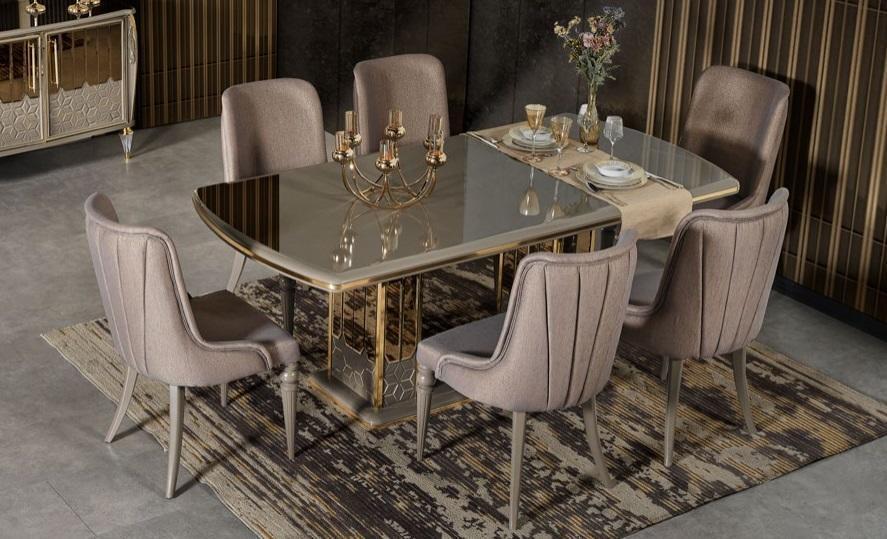 Moderne Essgruppe Garnitur Esszimmer Esstisch Stühle Gold Holz Set 7tlg