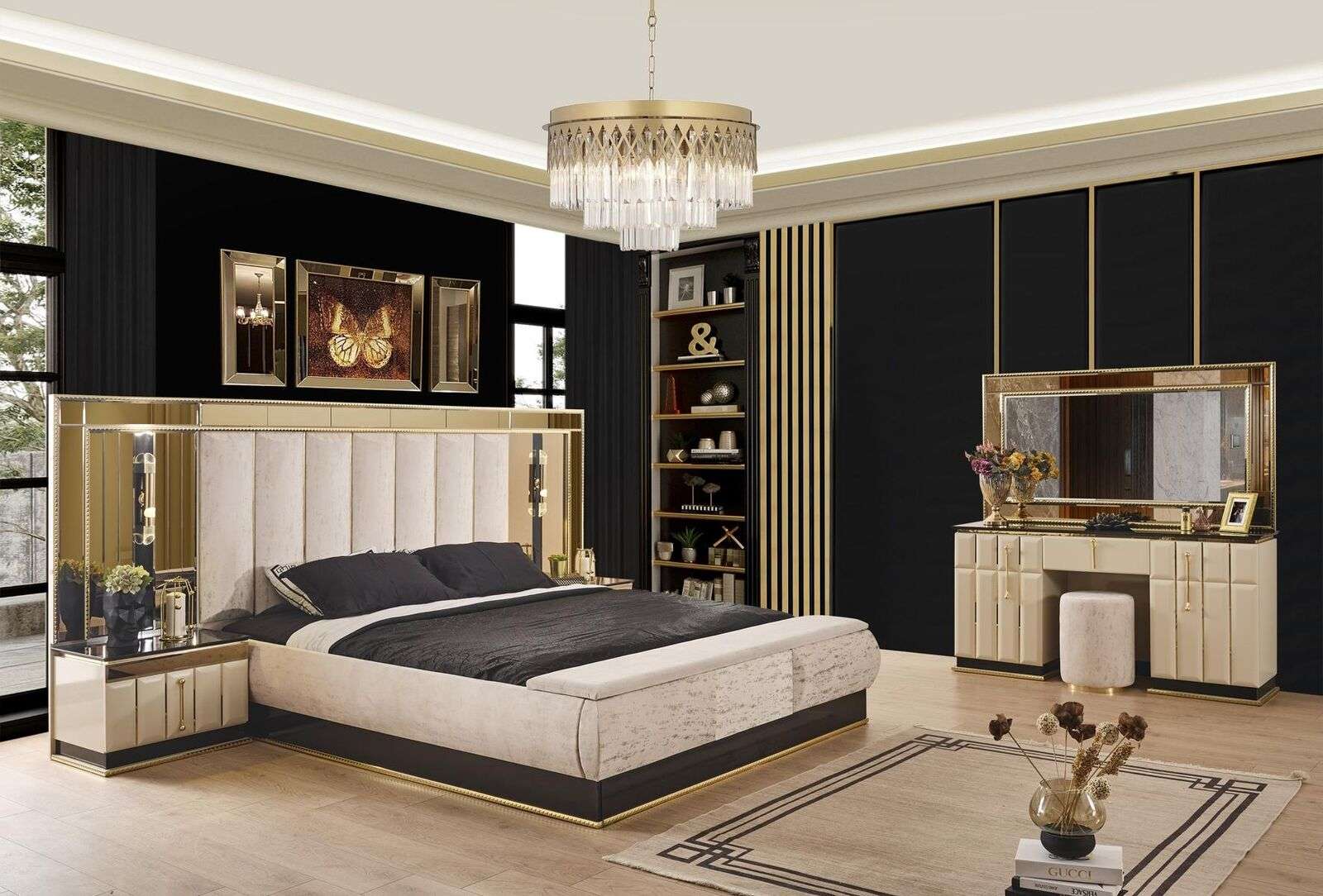 Luxus Schlafzimmer Set 4 tlg Bett 2x Nachttisch Schminktisch