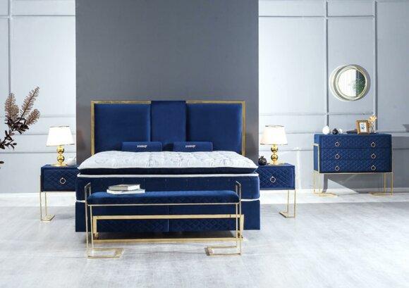 Schlafzimmer Set Bett Blau Hocker Kommode Design Luxus 2x Nachttische