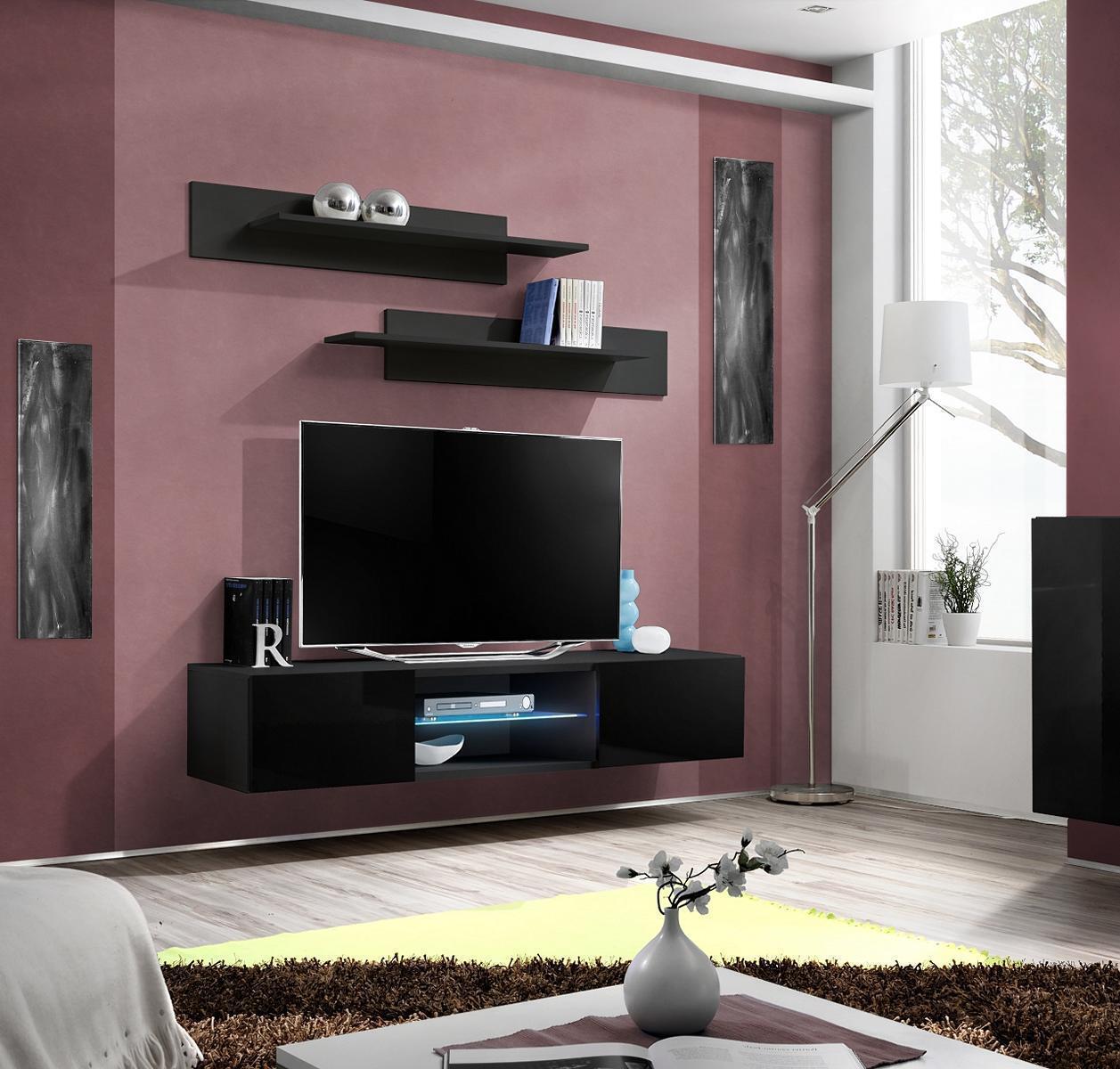 Schwarz Wohnwand Wandregale Set 3 tlg TV Ständer Wohnzimmermöbel Neu