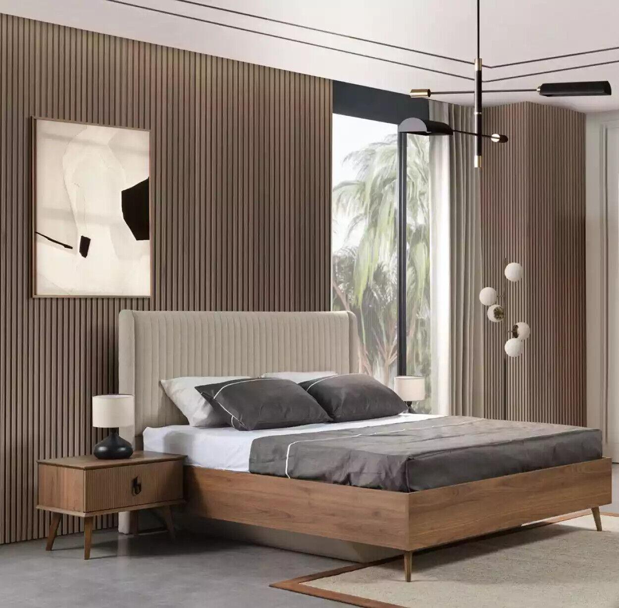 Bett 2x Nachttische 3tlg. Schlafzimmer Design Möbel Braun Holz Neu Set