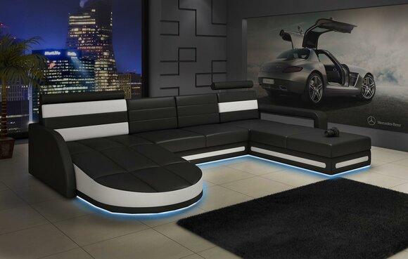 XXL WOHNLANDSCHAFT COUCH GARNITUR DESIGN ECKCOUCH Schwarz LEDERSOFA mit USB Neu
