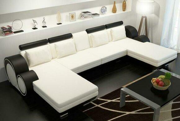 Ledersofa Berlin U-Form Lederecksofa + USB Ledereckcouch Sofa Garnitur XXL Liege