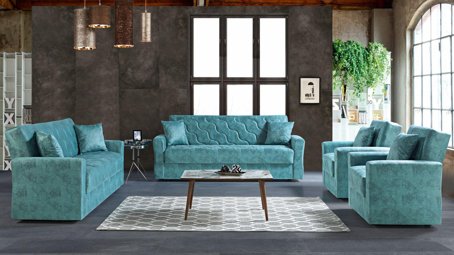 Sofagarnitur 3+2+1+1 Sitzer Textil Holz Sofa 3 Sitzer Modern Sessel Komplett Set