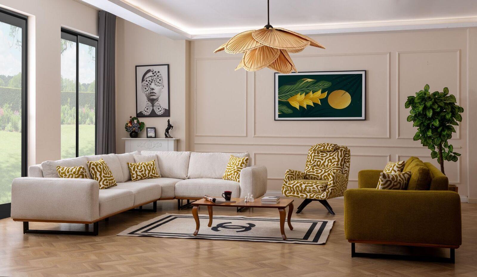 Designer Wohnzimmer Set 3tlg. Sofa 4 + 1 Sitz Ecksofa L-form Modern