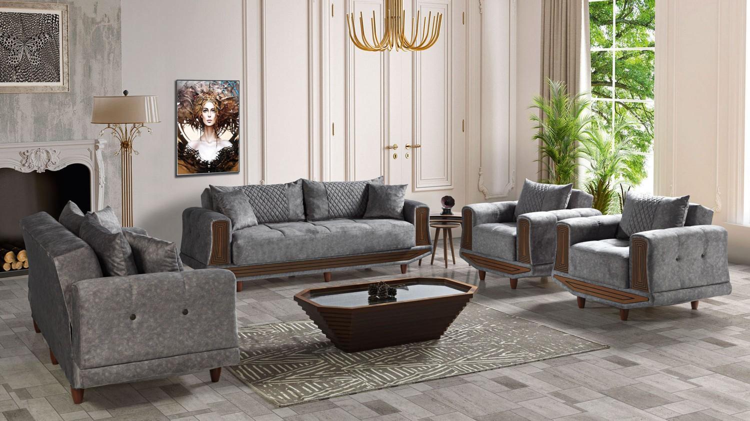 Sofagarnitur 3+2+1+1 Sitzer Textil Holz Sofa 3 Sitzer Modern Sessel