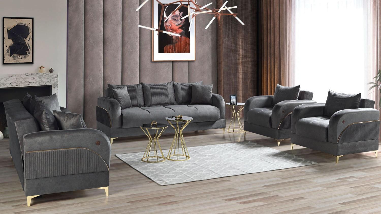 Sofagarnitur 3+2+1+1 Sitzer Möbel Luxus Set Sofagarnitur Modern Grau 4tlg