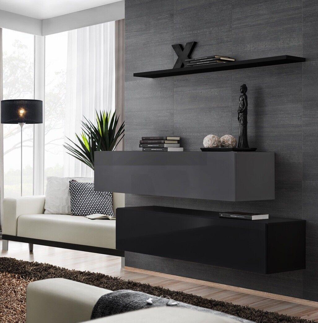 Wohnwand Wohnzimmer Schrankwand Modern Schwarz Holz Schrank Wand Regal