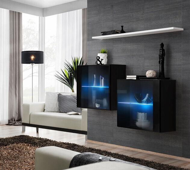 Schwarz Wandschrank Komplett Wohnwand Wand Regal Modern Designer Holzmöbel