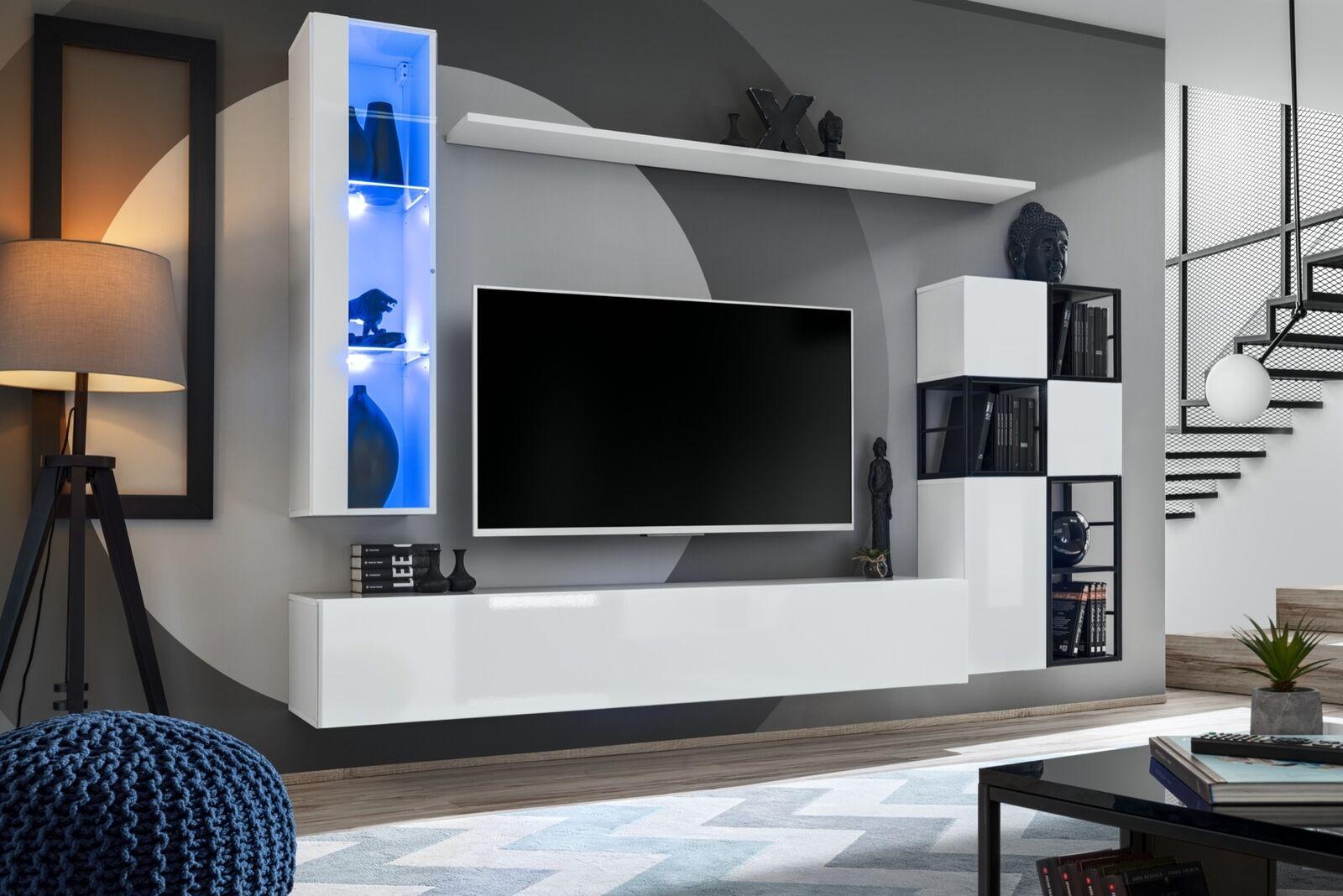 Hänge Vitrine Weiß Wohnwand Designer TV Ständer Komplett 9tlg Holzmöbel Regale