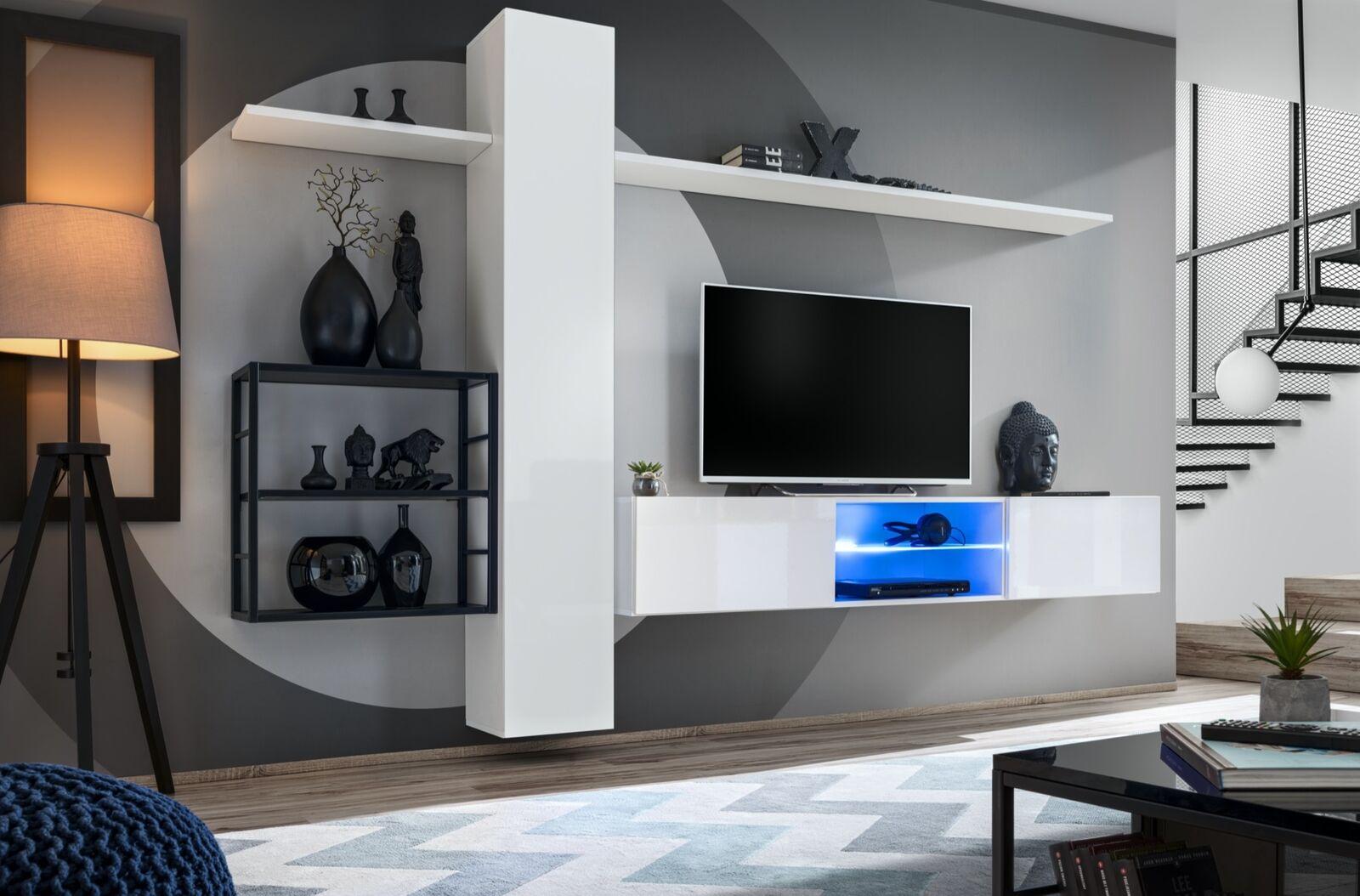 Wohnwand Möbel Einrichtung 270 cm Wandschrank Weiß Wand Regale Einrichtung