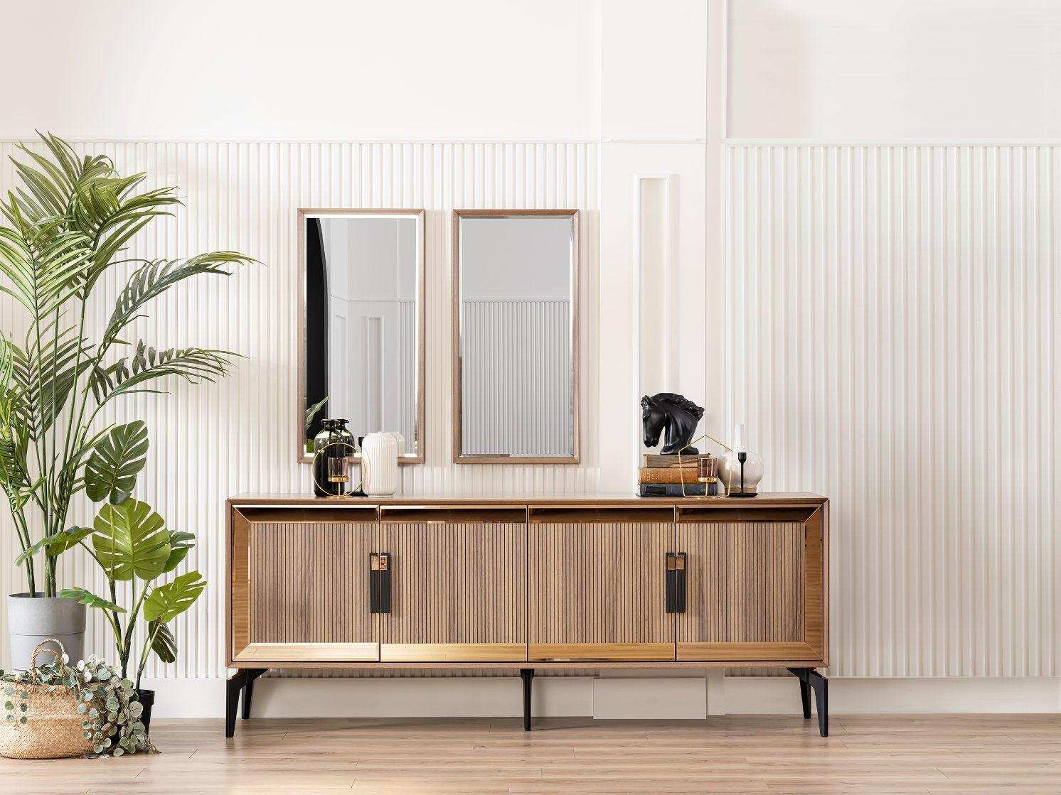 Sideboard Anrichte mit Spiegel Gruppe Kommode Holz Gold Esszimmer