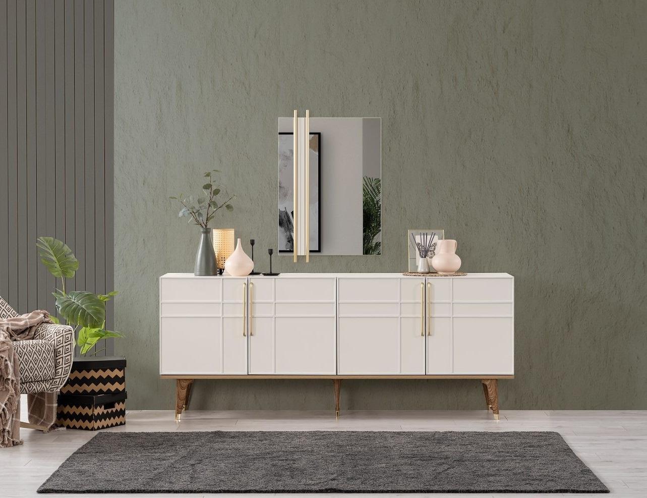 Anrichte Garnitur Sideboard mit Spiegel Kommoden Esszimmer Holz Weiß