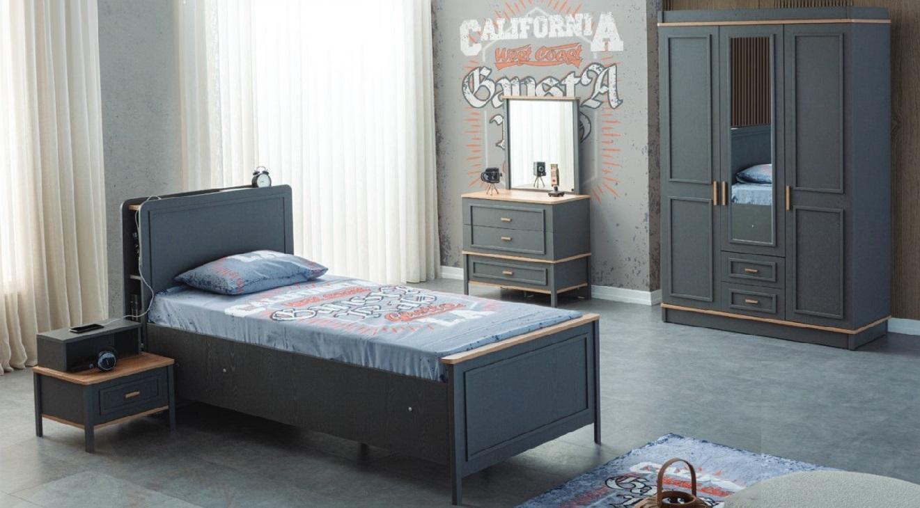 Kindermöbel Garnitur Kinderzimmer Bett Kinderbett Grau Holz Set 5tlg