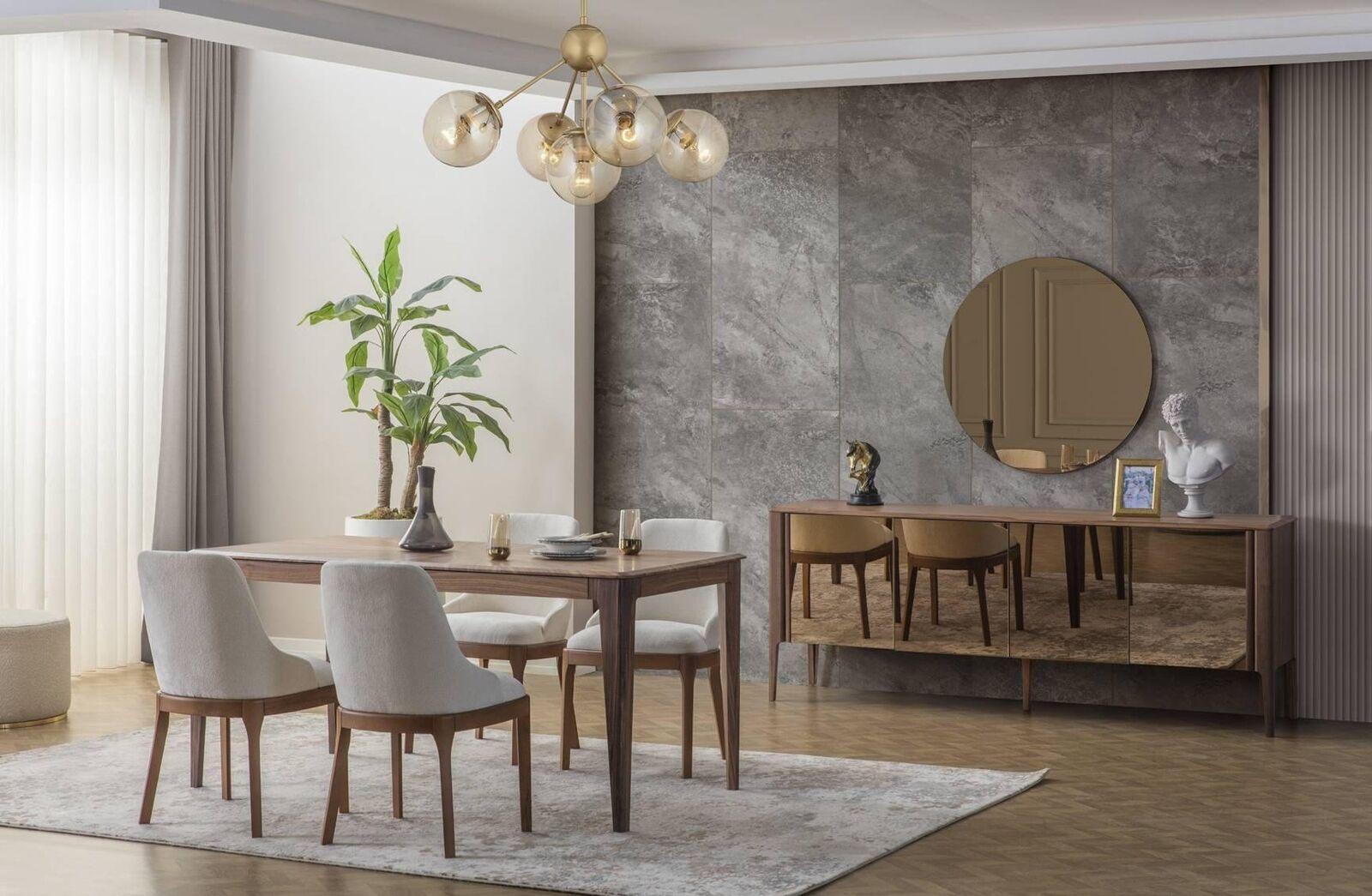 Luxuriöse Esszimmer Garnitur Recheckiger Esstisch 6x Textilstühle 9tlg