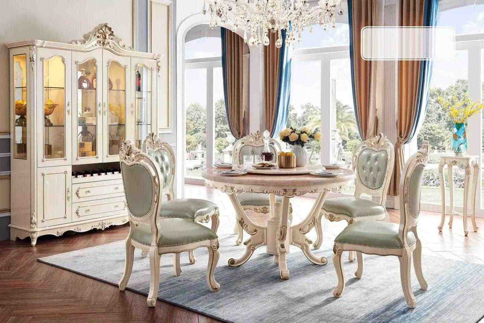 Perlweiß Esszimmer Set Esstisch 6х Stühle Vitrine 8tlg Luxus-Set