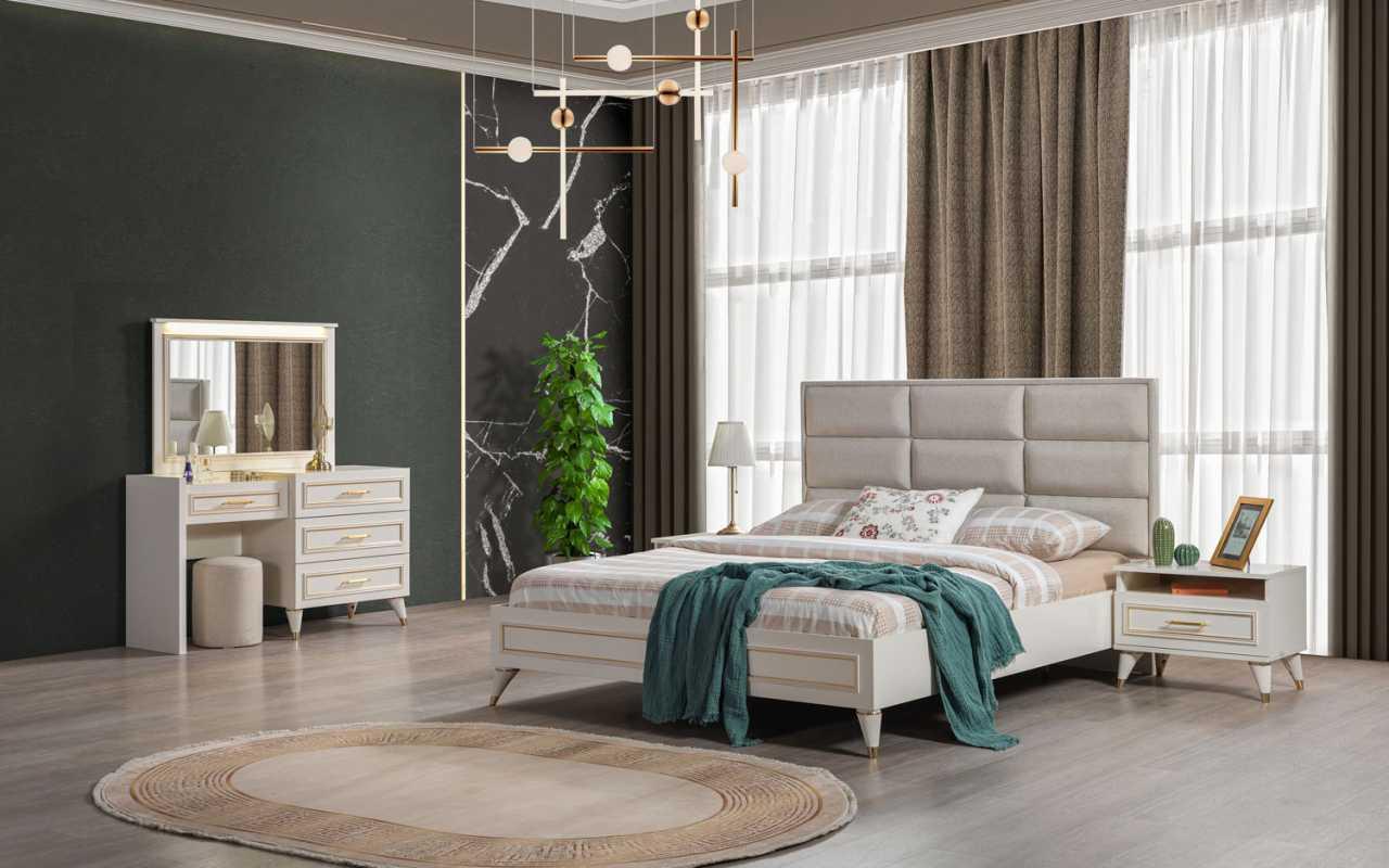 Großes Schlafzimmer Set Doppelbett Schminkttisch Hocker Spiegel 6tlg