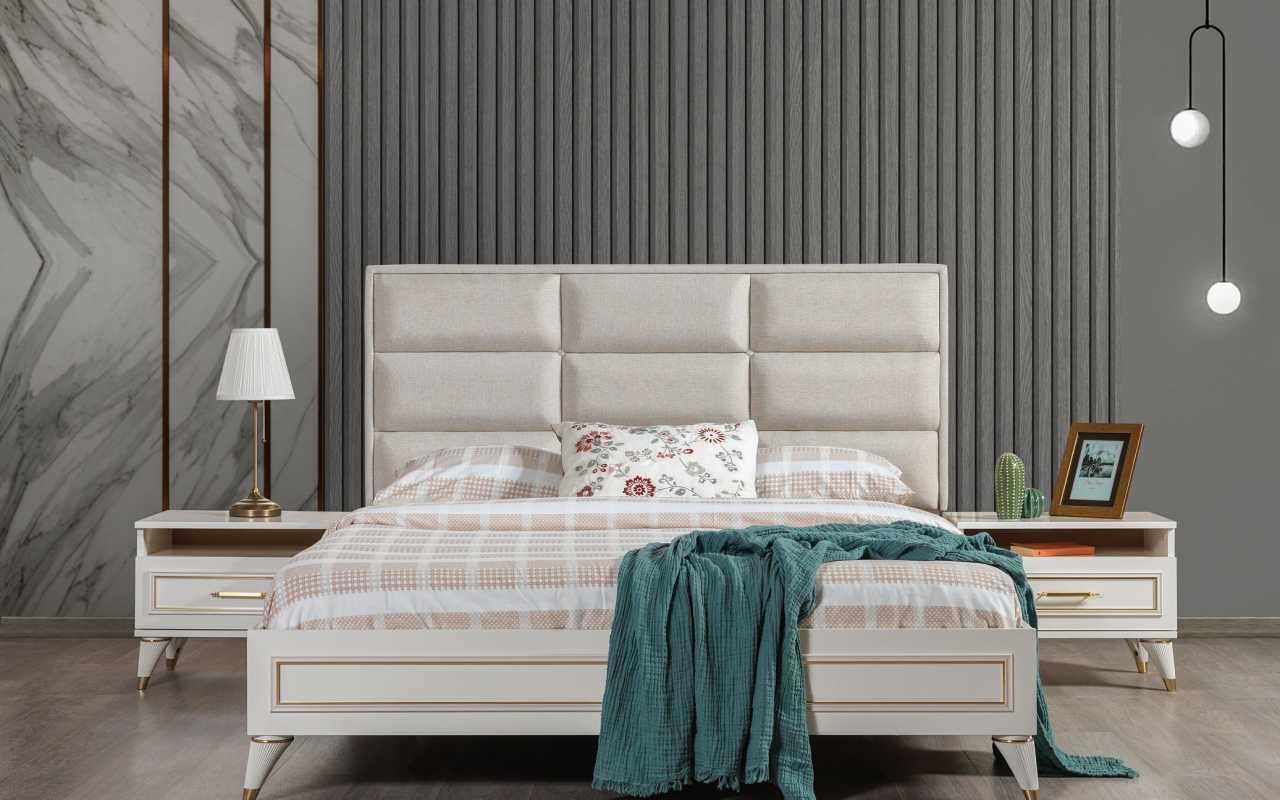 Weiße Schlafzimmer Garnitur Polster Doppelbett 2x Holz Nachttische 3tlg