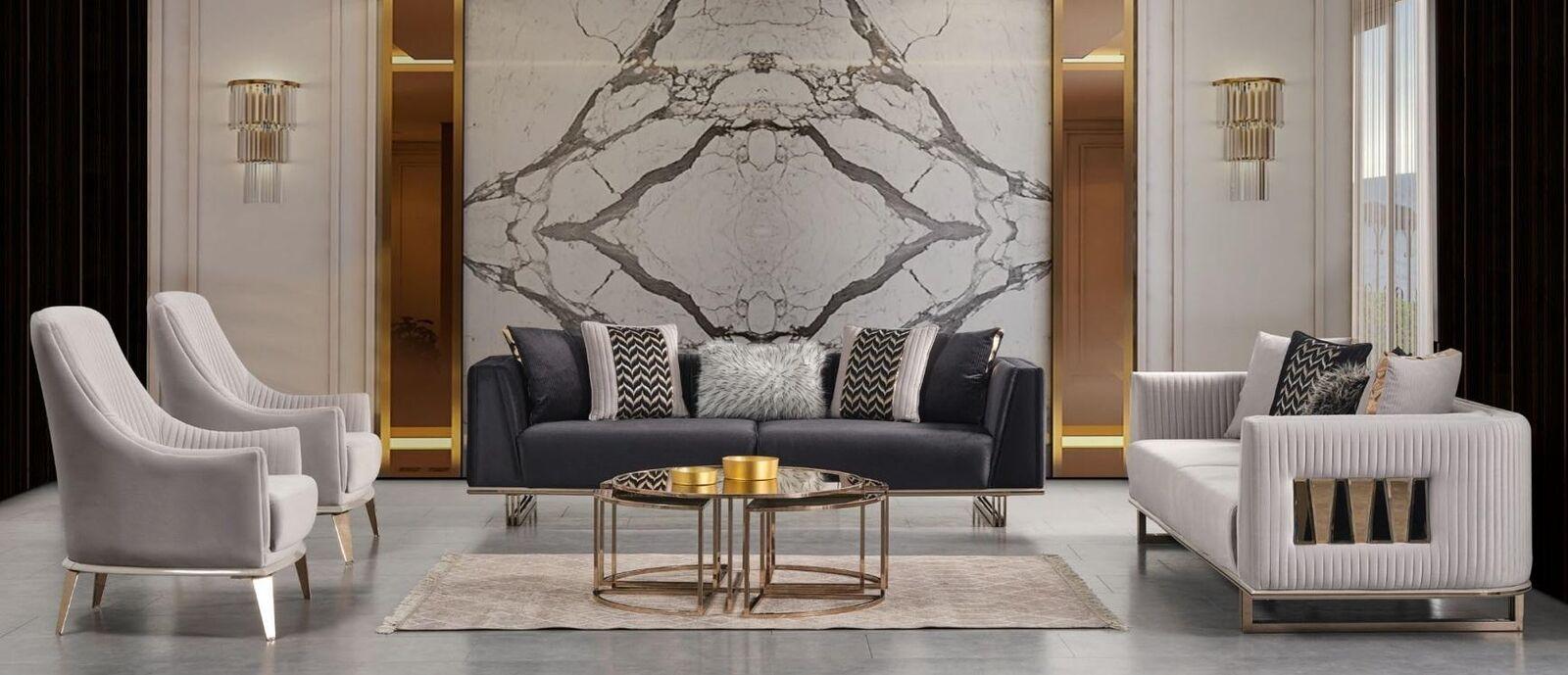 Couchgarnitur Sofagarnitur Dreisitzer Sessel Grau Stoffsofa Set 4tlg