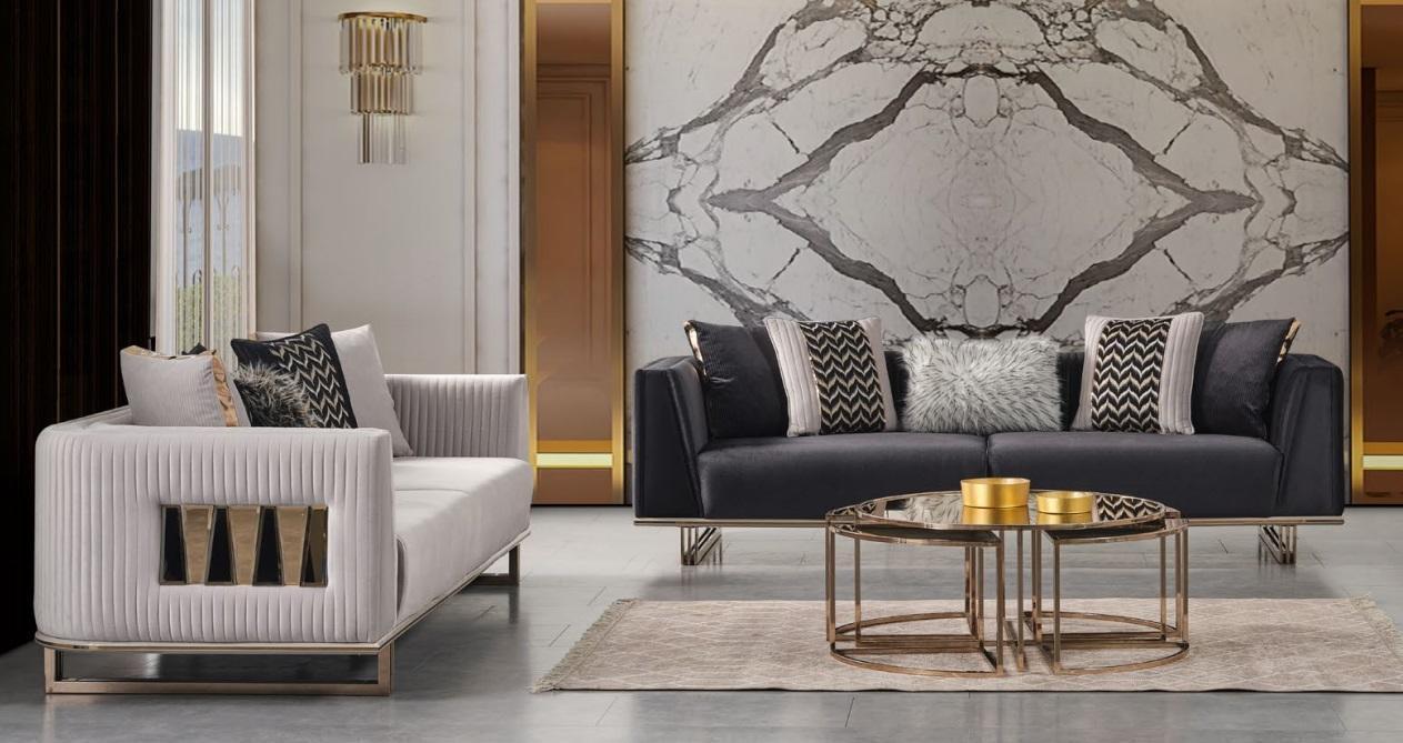 Moderne Garnitur Dreisitzer Stoffsofa Grau Blau Set 2tlg Sofa Design