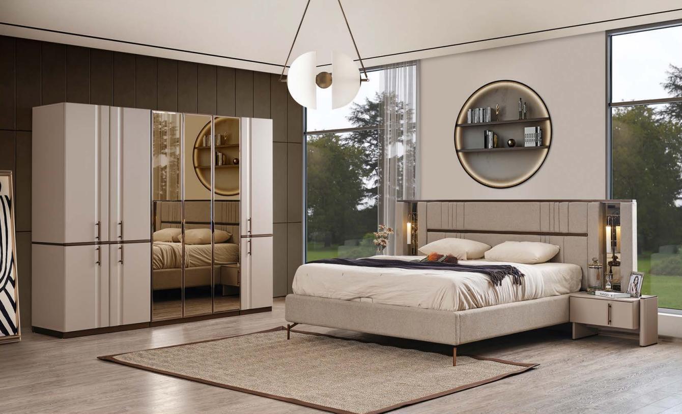 Modernes Beiges Doppelbett 2x Nachttische Kleiderschrank Holz Möbel