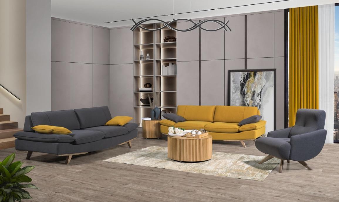 Grau-Gelbe Wohnzimmer Sitzmöbel Luxus 2x 3-Sitzer Couchen Einsitzer 3tlg