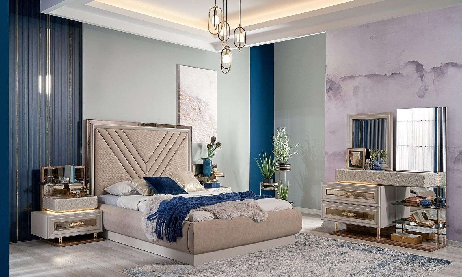 Doppelbett Komplette Schlafzimmer Bett Beige 4tlg Holz Schminktisch