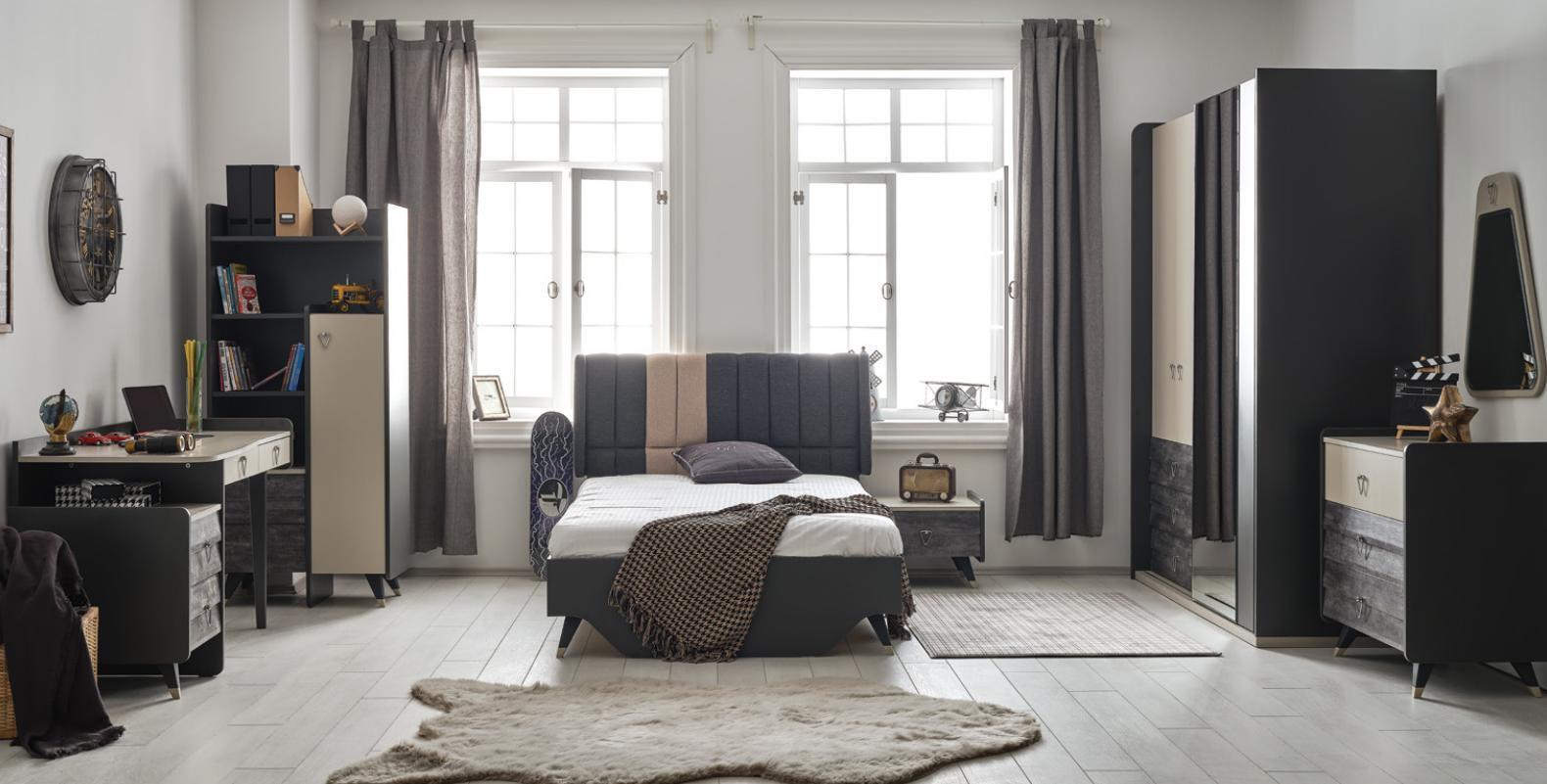 Luxuriöses graues Schlafzimmer Set Jugendzimmer Kinderzimmer 7tlg Bett