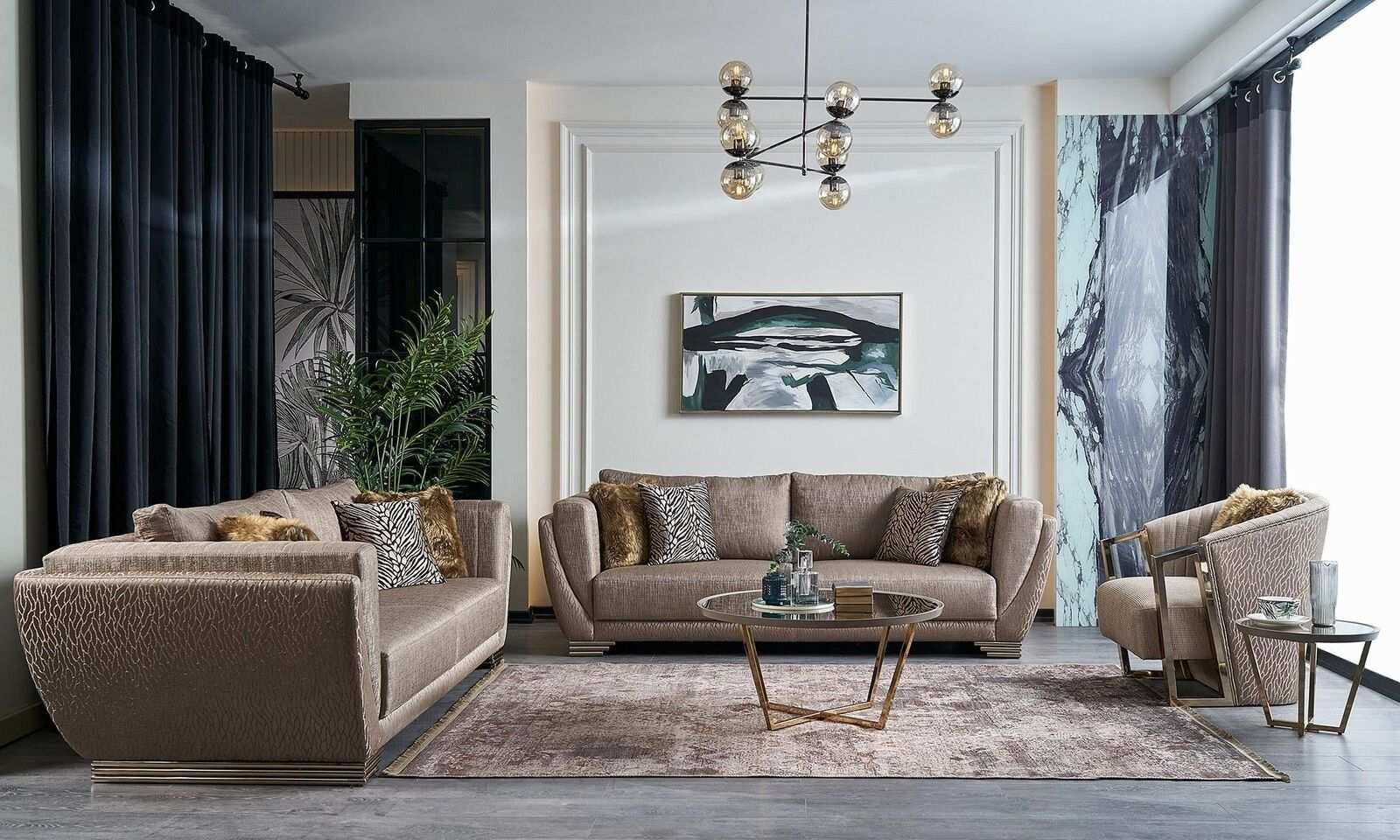 Stoffsofas Sofagarnitur Dreisitzer Polstersofa Braun Set 3tlg Modern