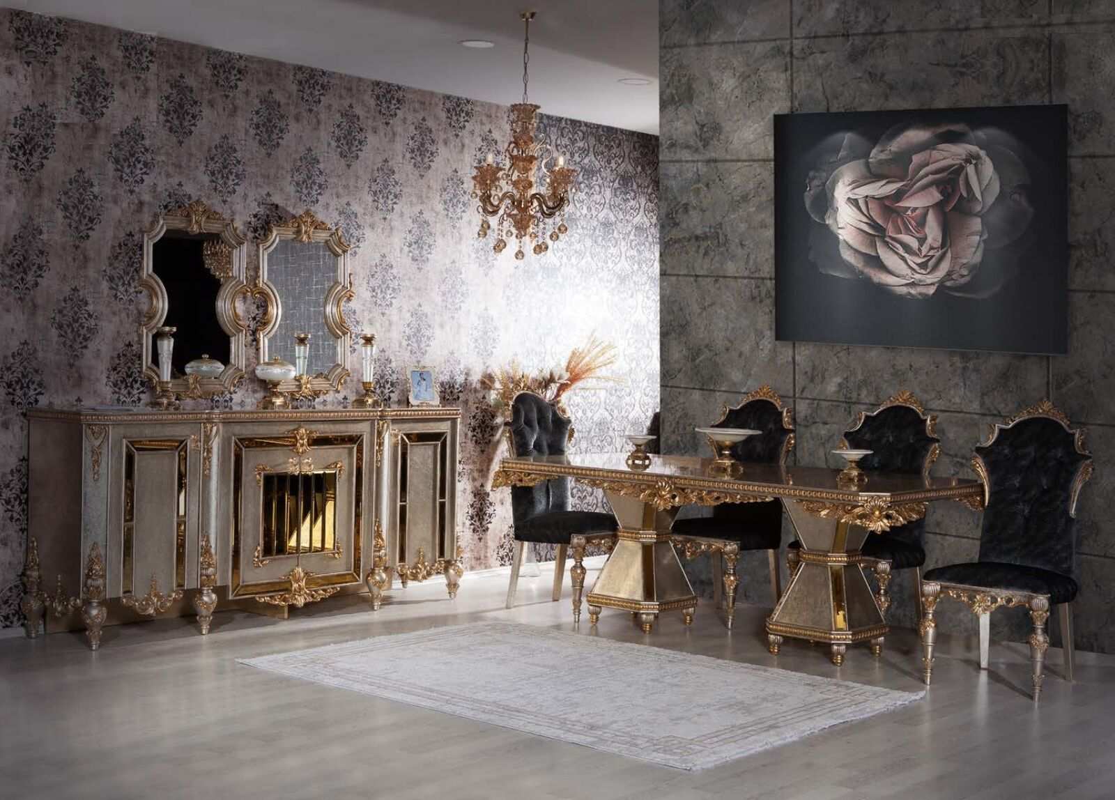 Goldenes Esszimmer Set Esstisch Essgruppe 4x Stuhl Sideboard Tisch 7tlg