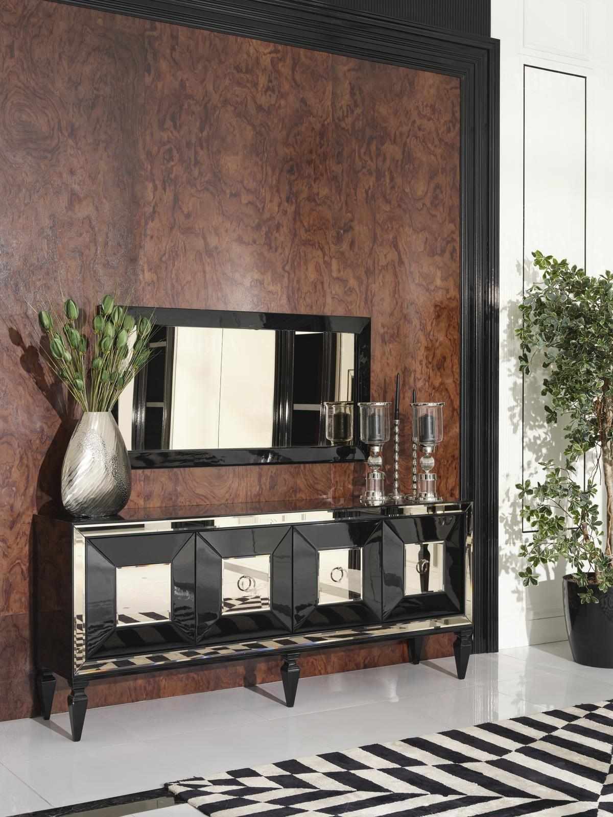 Komplette Sideboard Anrichte Schrank Spiegel Set Schwarz Holz Luxus
