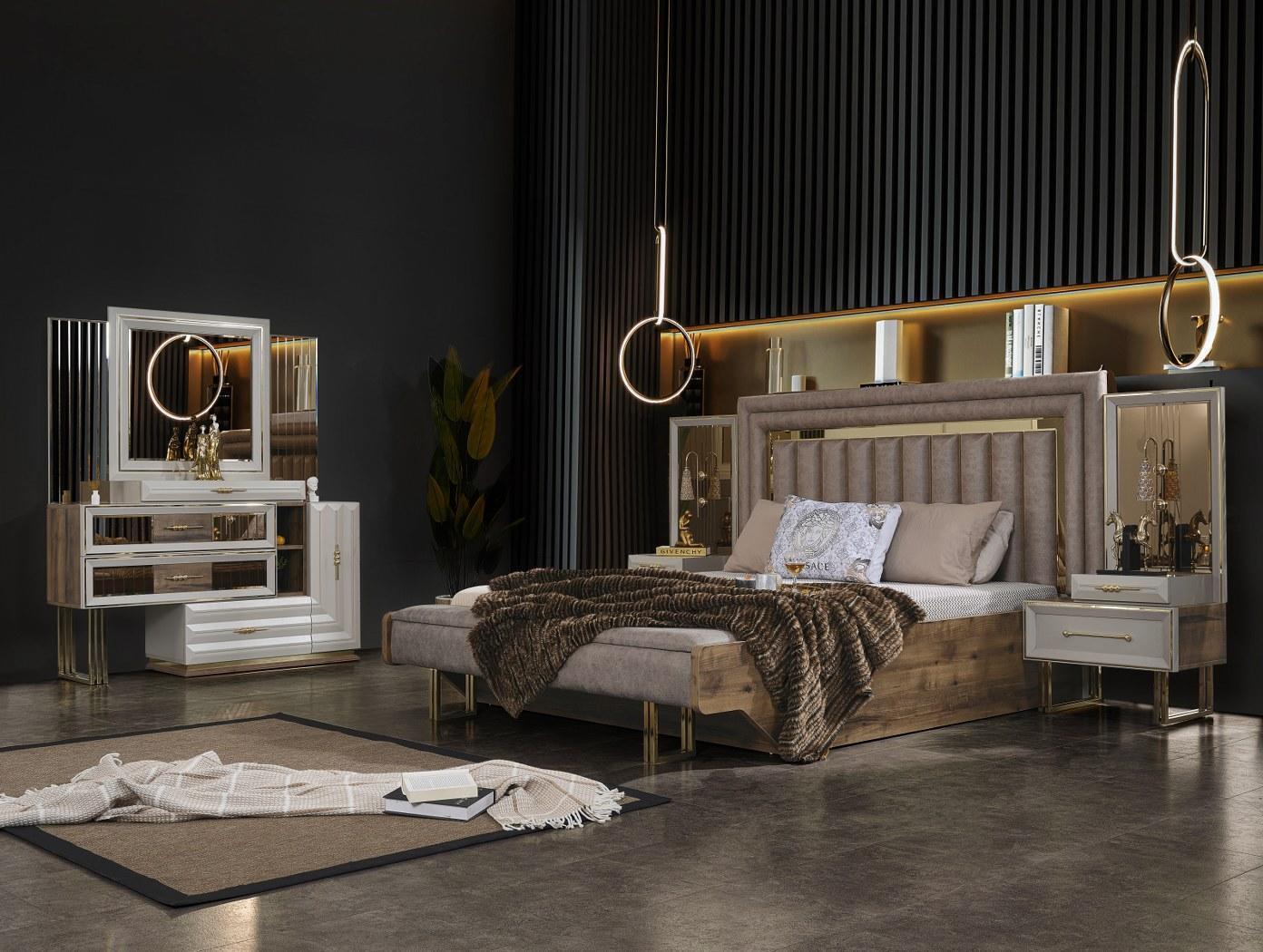 Schlafzimmermöbel Doppelbett Bett Nachttische Konsole Beige 4tlg Luxus