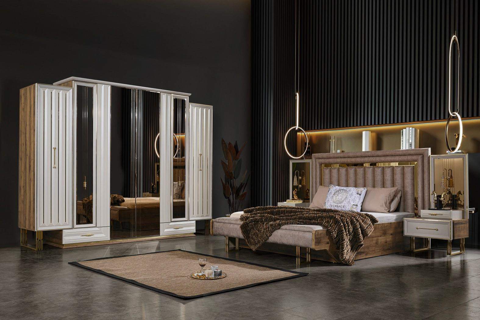 Komplette Schlafzimmermöbel Doppelbett Bett Nachttische Beige 4tlg