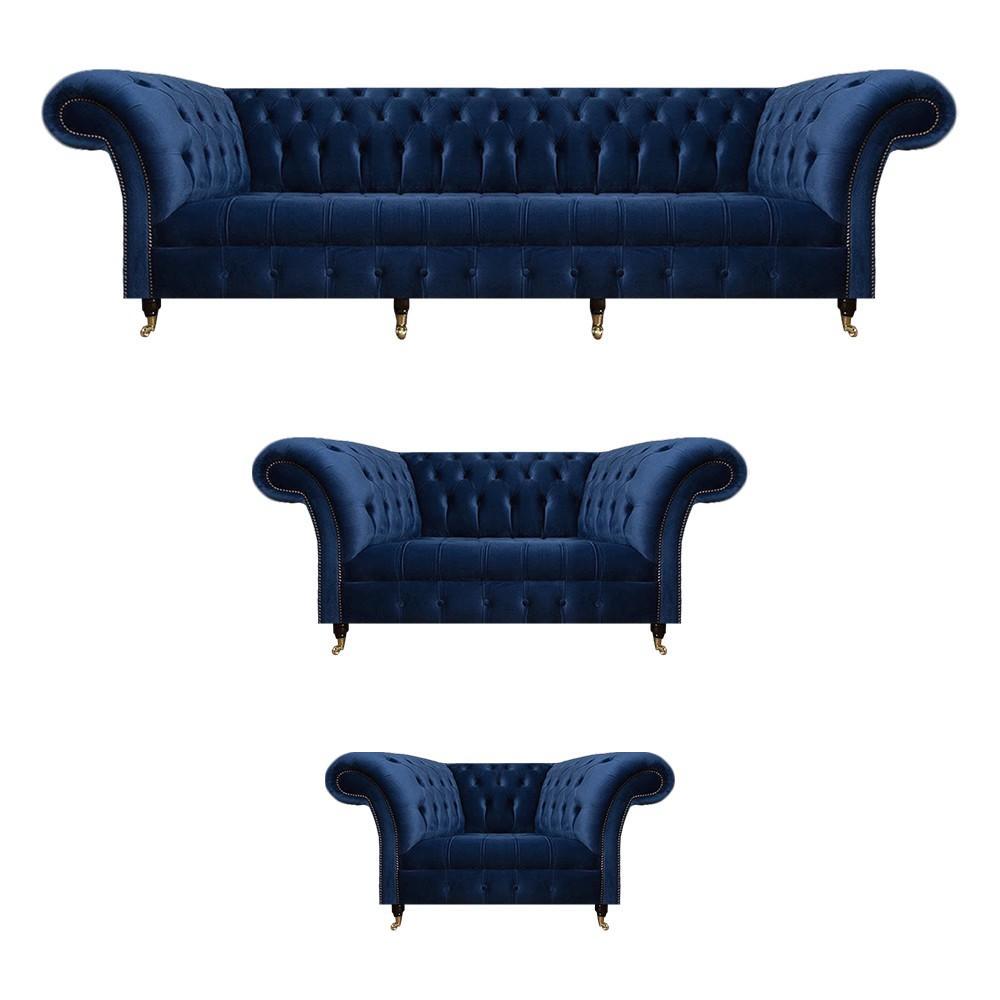 Wohnzimmer Set 3tlg Chesterfield Blau Textil Luxus Sofas Design Einrichtung