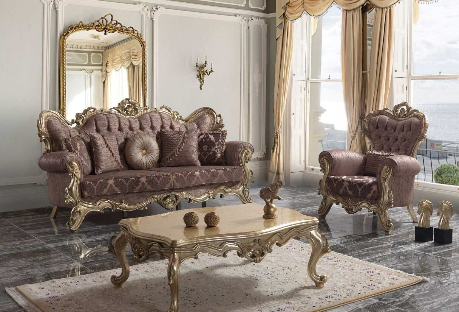 Chesterfield Sofagarnitur Polstersofa Sofa Couch Lila Stoffsofa Set