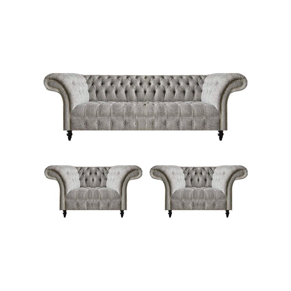 Luxus Grau Sofas Set 3tlg Sitzmöbel Wohnzimmer Polstermöbel Chesterfield