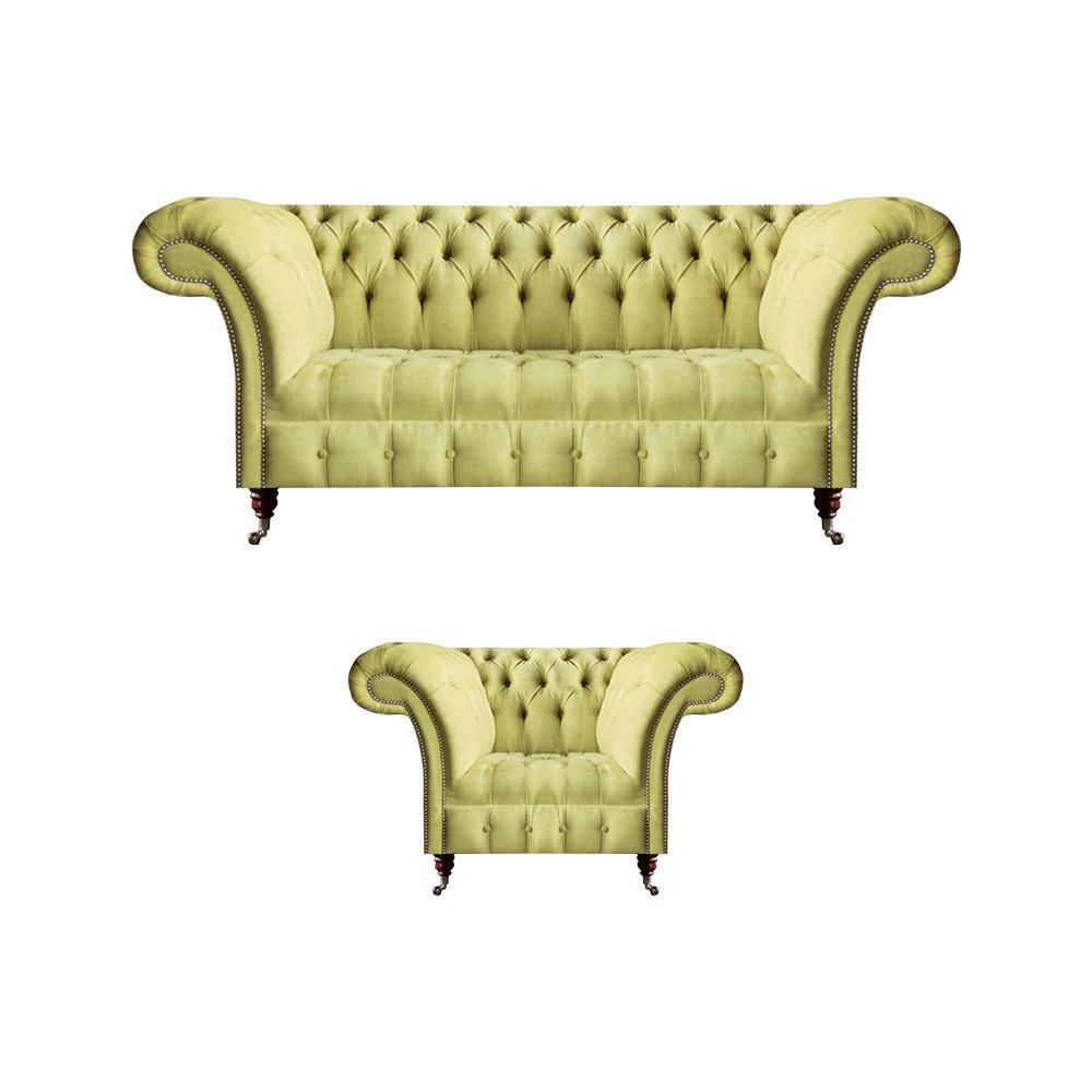 Sofagarnitur Chesterfield Textilsofa Sofa Couch Sitz Polster Set Garnitur Gelb